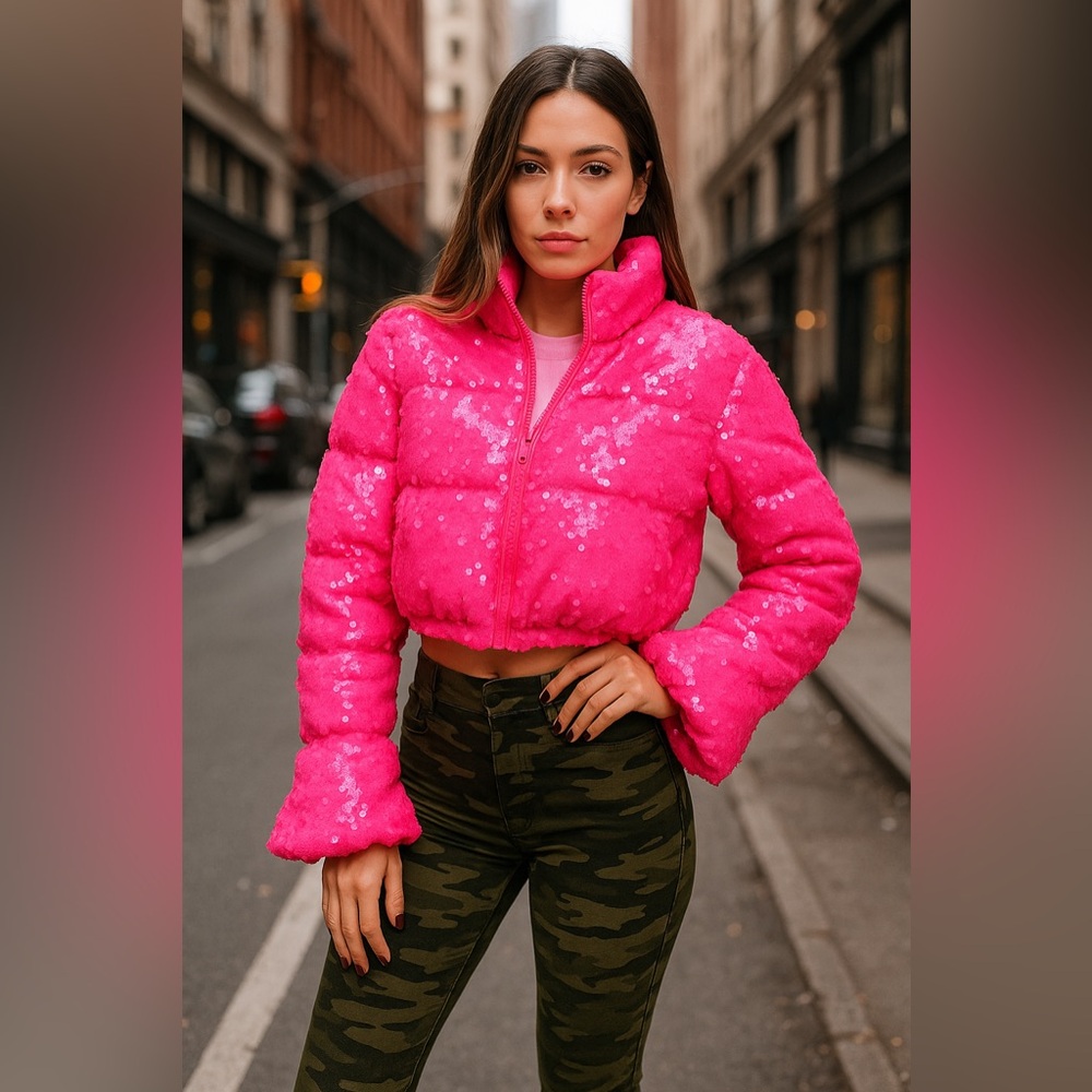 AtxyxtA Hot Pink Sequin Cropped Puffer Jacket Barbiecore Winter Womens Size XXL